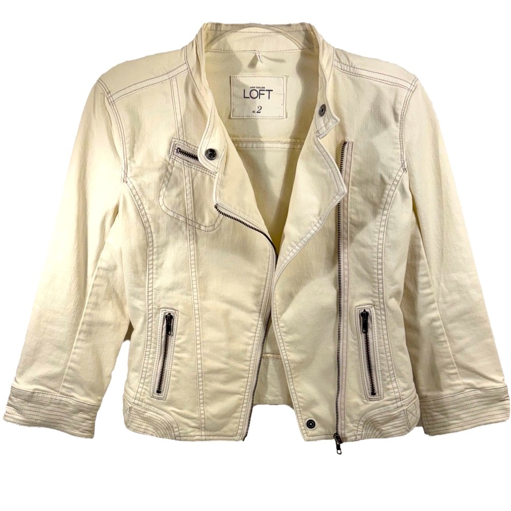 ANNE TAYLOR LOFT Cream Denim Moto Biker zip up jacket Womens 2